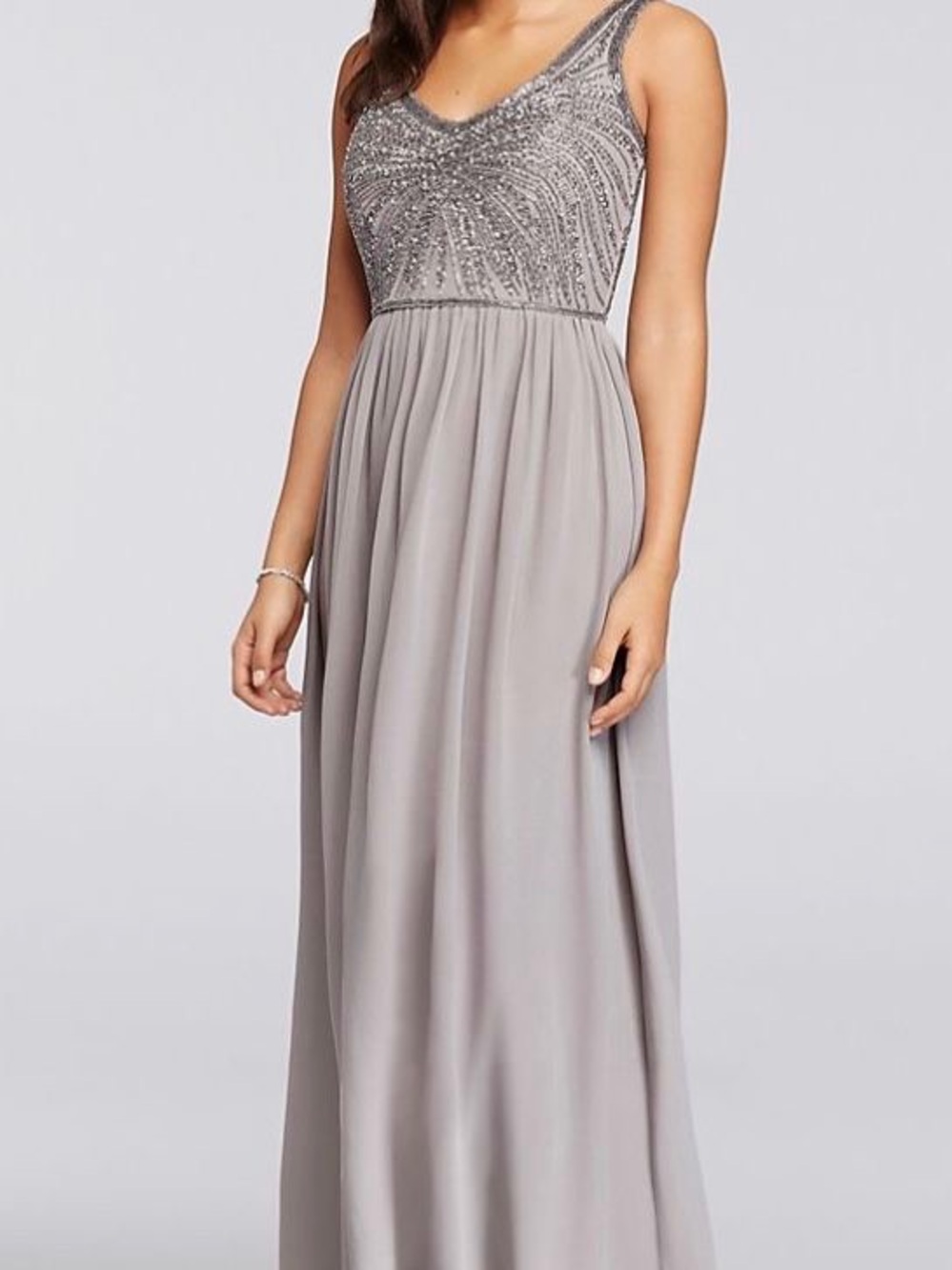 David's Bridal Beaded V-Neck Maxi Dress in Gray